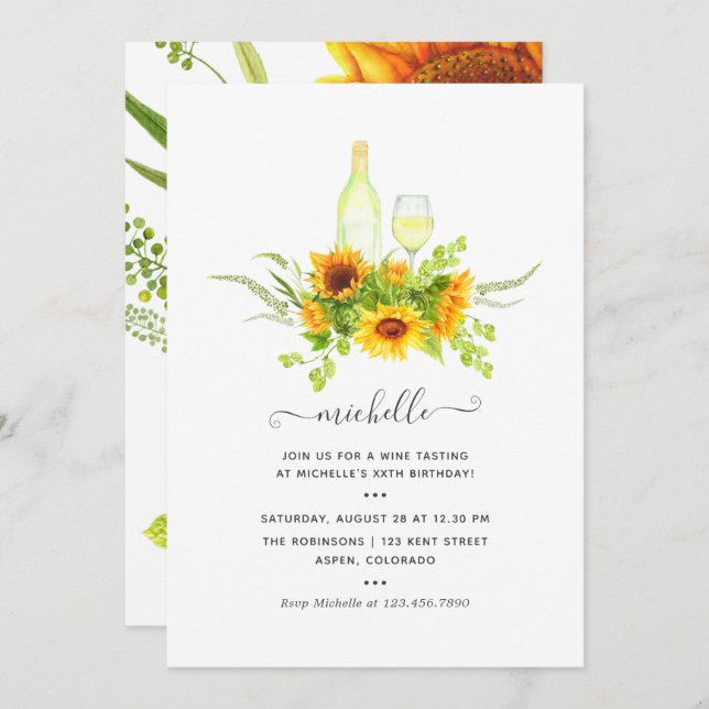 Sunflower Wine Tasting Birthday Party Invitation (Front/Back)