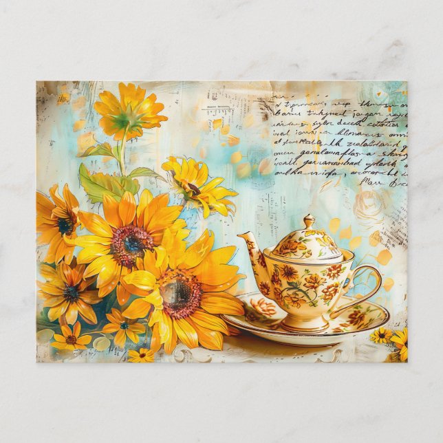 Sunflower with Antique Coffee Pot and Fantasy text Postcard (Front)