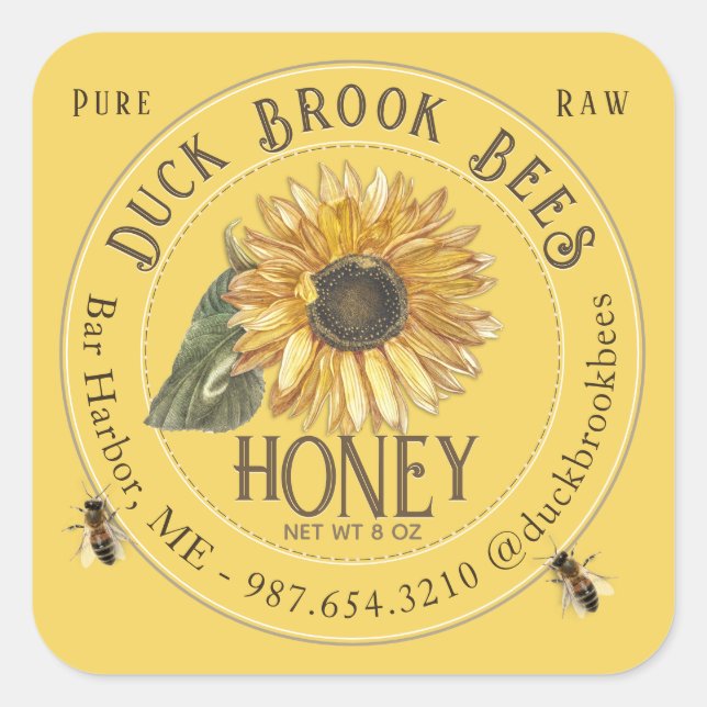 Sunflower with Bees Honey Bear Label 8 & 12 oz  (Front)