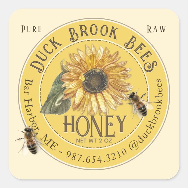 Sunflower with Bees Honey Bear Label 8 & 12 oz  (Front)