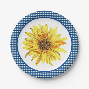 Sunflower with Blue Gingham Border / Country Style Paper Plate