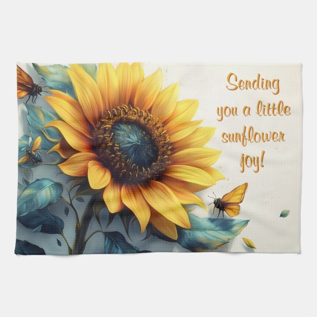 Sunflower with Butterflies with Customizable Text Tea Towel (Horizontal)