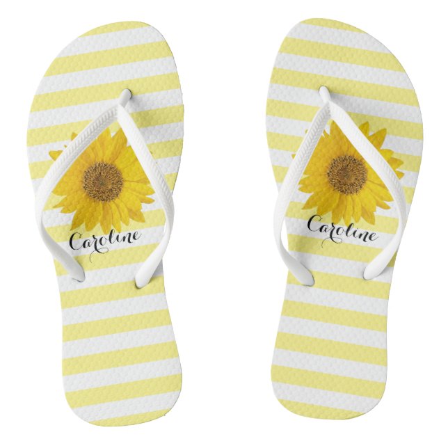 Sunflower with Custom Name Yellow Striped Thongs (Footbed)