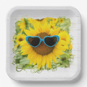 Sunflower with Sunglasses On Wood Paper Plate