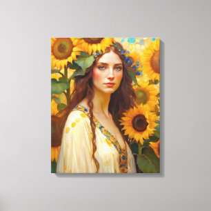Sunflower Woman with Wildflower Hair Wreath Canvas Print