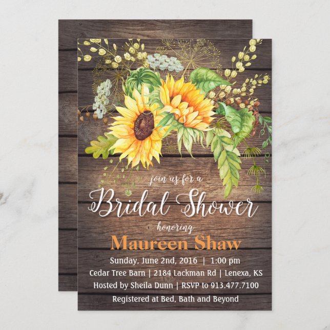 Sunflower Wood Bridal Shower Invitation (Front/Back)