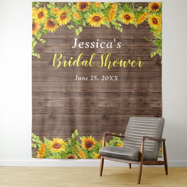 Sunflower Wood Bridal Shower Photo Booth Backdrop Tapestry (In Situ)