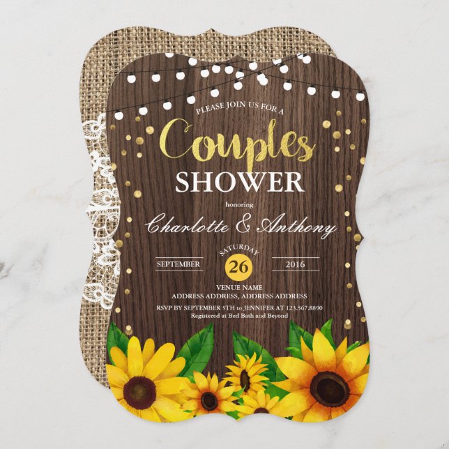 Sunflower wood couples shower invitation rustic (Front/Back)
