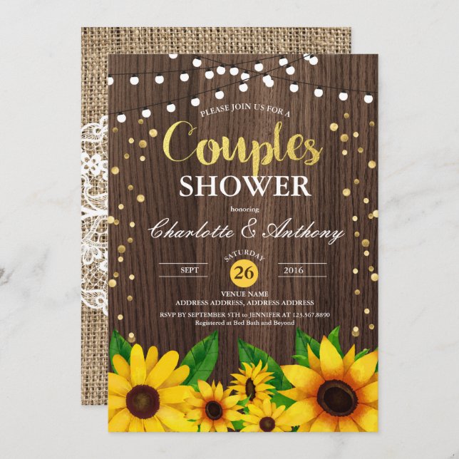 Sunflower wood couples shower invitation rustic (Front/Back)