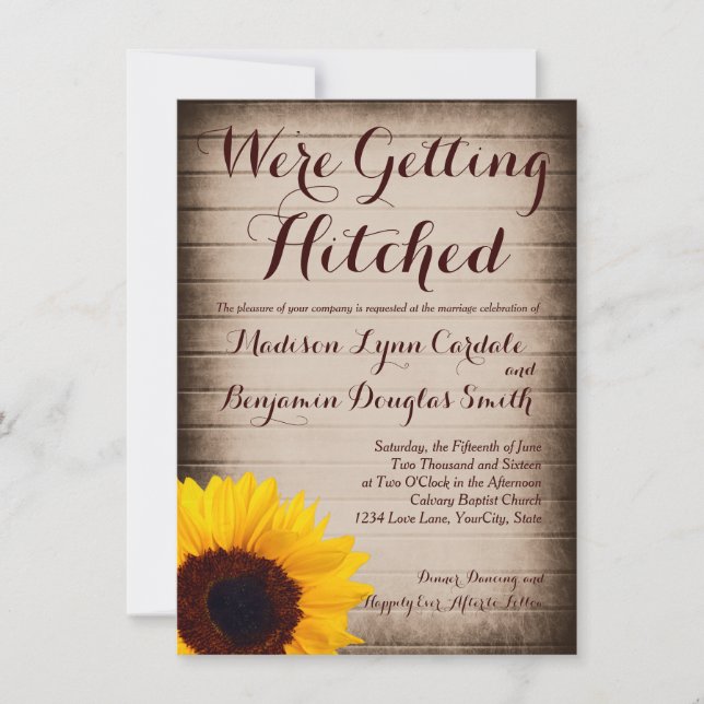 Sunflower Wood Getting Hitched Wedding Invitations (Front)