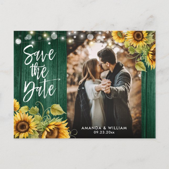 Sunflower Wood Lights Hunter Green Wedding Photo Announcement Postcard (Front)