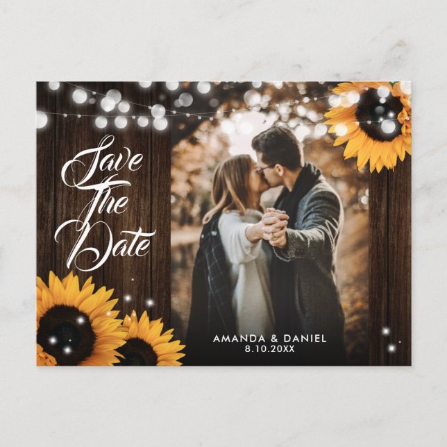 Sunflower Wood Lights Wedding Photo Save The Date Announcement Postcard (Front)