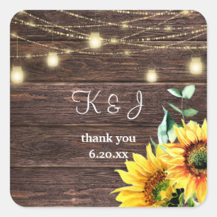 Sunflower, Wood & Mason Jar String Lights Monogram Square Sticker