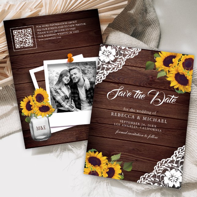 Sunflower Wood Photo QR Code Wedding Save The Date (Creator Uploaded)