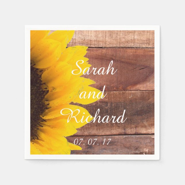 Sunflower Wood Rustic Wedding Paper Napkins (Front)