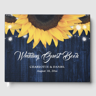 Sunflower Wood String Lights Navy Blue Wedding Guest Book