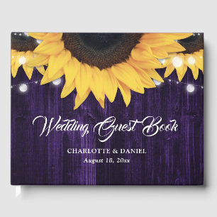 Sunflower Wood String Lights Purple Wedding Guest Book