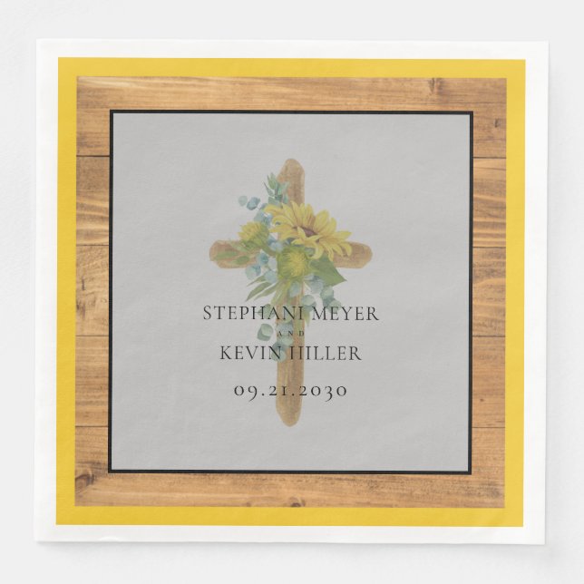 Sunflower Wooden Cross Wedding Napkin (Front)