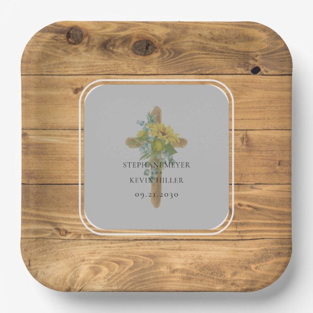 Sunflower Wooden Cross Wedding Paper Plate (Front)