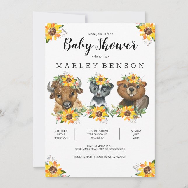 Sunflower Woodland Animals Baby Shower Invitation (Front)
