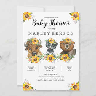 Sunflower Woodland Animals Baby Shower Invitation