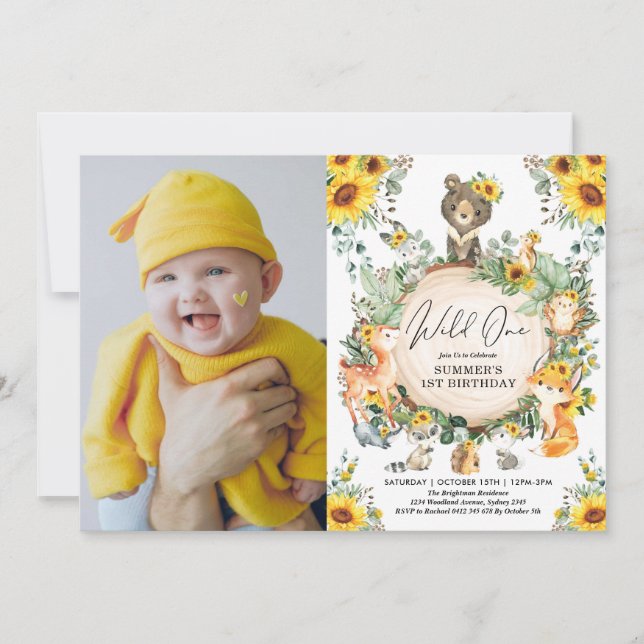 Sunflower Woodland Wild One 1st Birthday Photo Invitation (Front)