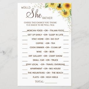 Sunflower Would She Rather shower game card