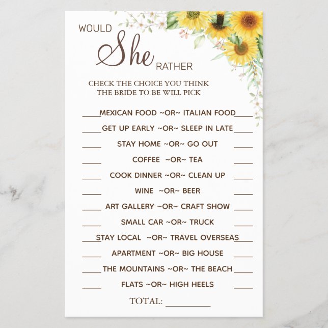 Sunflower Would She Rather shower game card (Front)