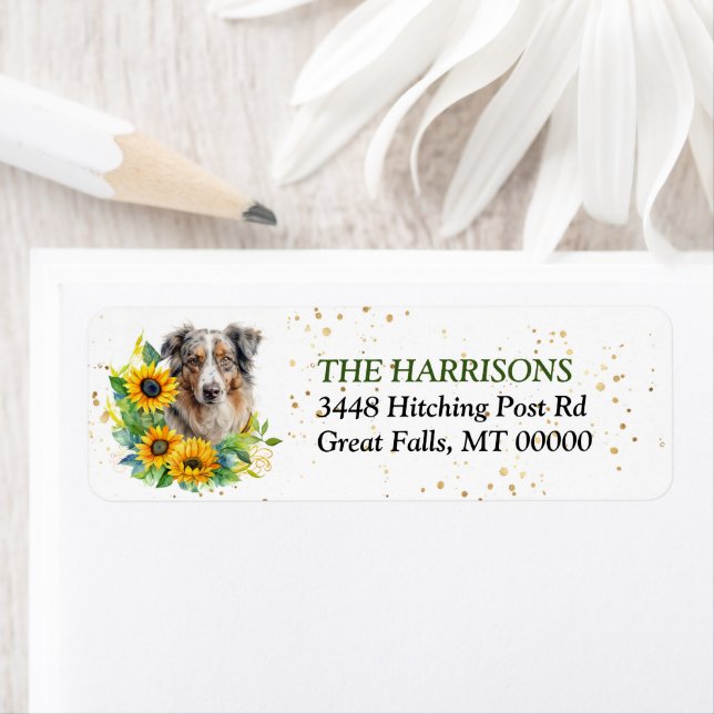 Sunflower Wreath Blue Merle Aussie Return Address Label (Insitu)