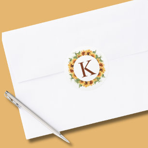 Sunflower Wreath Monogram Classic Round Sticker