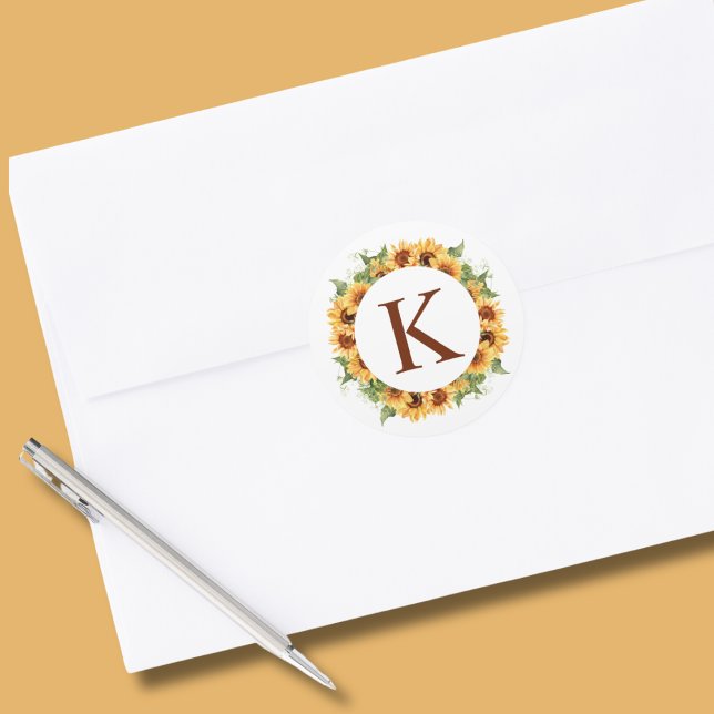 Sunflower Wreath Monogram  Classic Round Sticker (Creator Uploaded)