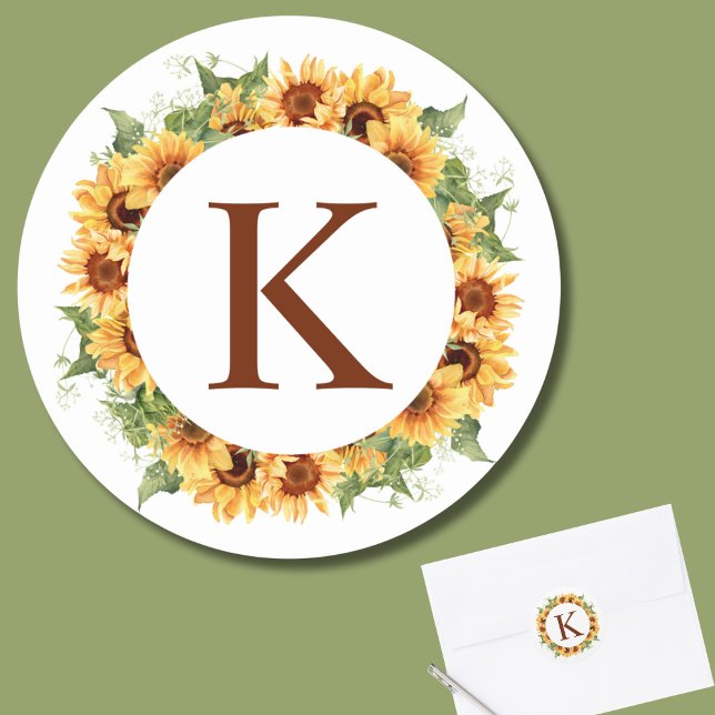 Sunflower Wreath Monogram  Classic Round Sticker (Creator Uploaded)