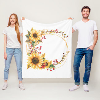 Sunflower Wreath - Sunflower Wreath with Leaves Fleece Blanket
