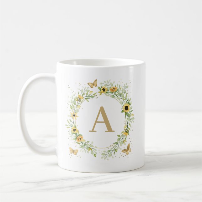 Sunflower Wreath With Butterflies Monogram Coffee Mug (Left)
