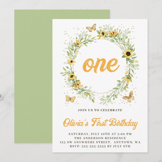 Sunflower Wreath With Cute Butterflies Birthday Invitation (Front/Back)