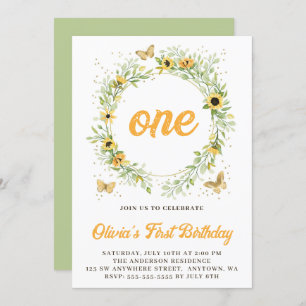 Sunflower Wreath With Cute Butterflies Birthday Invitation
