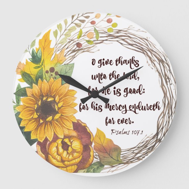 Sunflower Wreath with Give Thanks Bible Verse  Large Clock (Front)