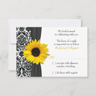 Sunflower Yellow Black Damask Wedding RSVP Reply Card