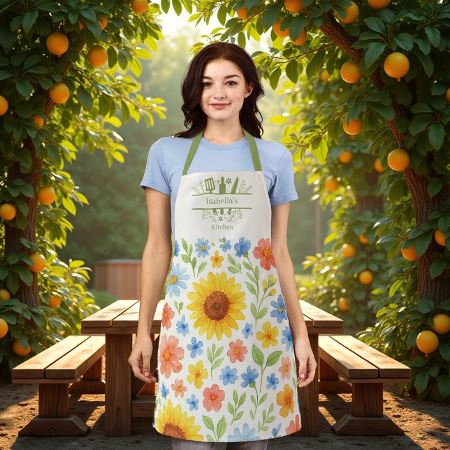 Sunflower yellow blue kitchen utensils apron (Creator Uploaded)