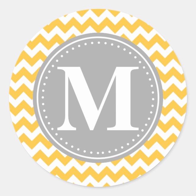 Sunflower Yellow Chevron Pattern Grey Monogram Classic Round Sticker (Front)