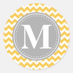 Sunflower Yellow Chevron Pattern Grey Monogram Classic Round Sticker