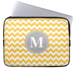 Sunflower Yellow Chevron Pattern Grey Monogram Laptop Sleeve