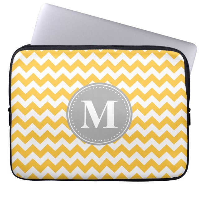 Sunflower Yellow Chevron Pattern Grey Monogram Laptop Sleeve (Front)