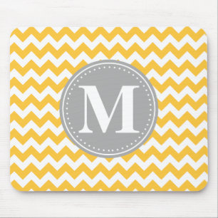 Sunflower Yellow Chevron Pattern Grey Monogram Mouse Pad