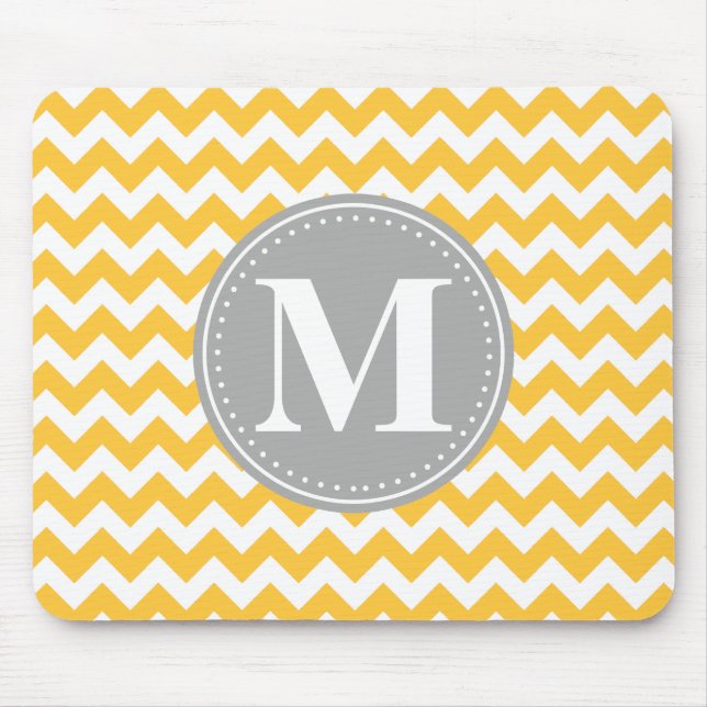 Sunflower Yellow Chevron Pattern Grey Monogram Mouse Pad (Front)