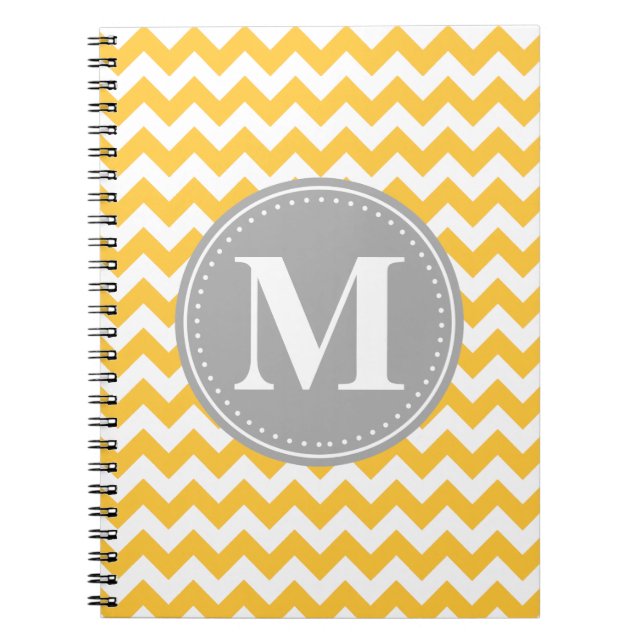 Sunflower Yellow Chevron Pattern Grey Monogram Notebook (Front)