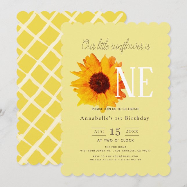 Sunflower Yellow Cute 1st Birthday Invitation (Front/Back)