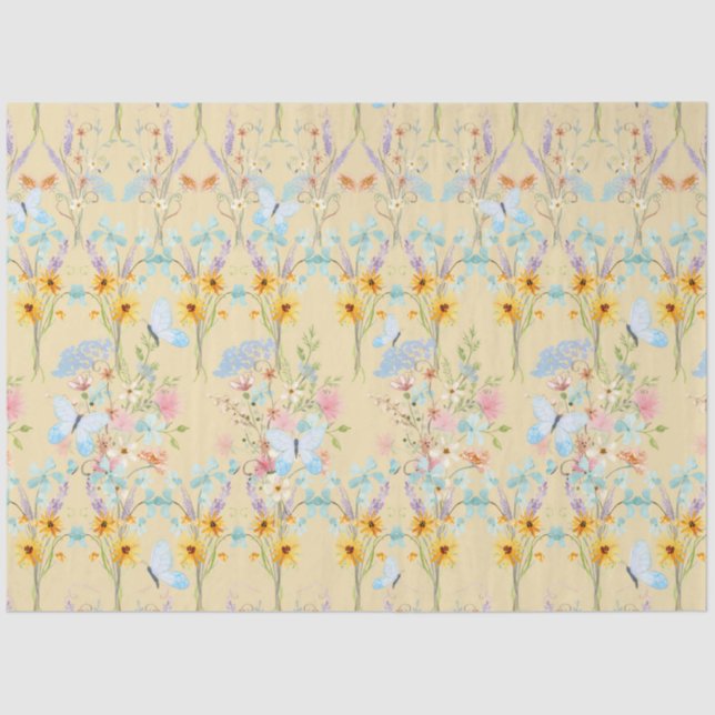 Sunflower Yellow Floral Blue Butterfly Decoupage Tissue Paper (Front)