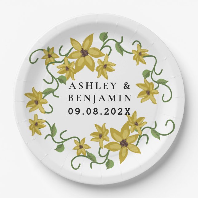 Sunflower Yellow Floral Botanical Hand drawn Oil  Paper Plate (Front)