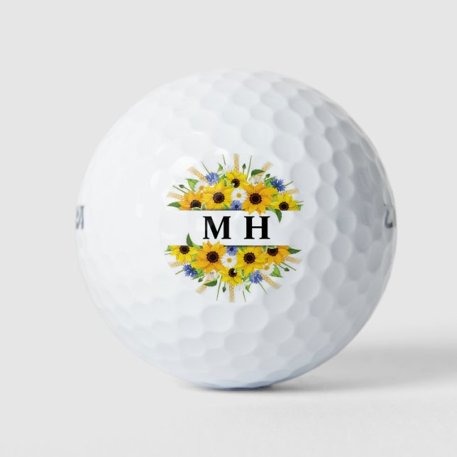 Sunflower Yellow Flowers Pretty Feminine Initial Golf Balls (Front)